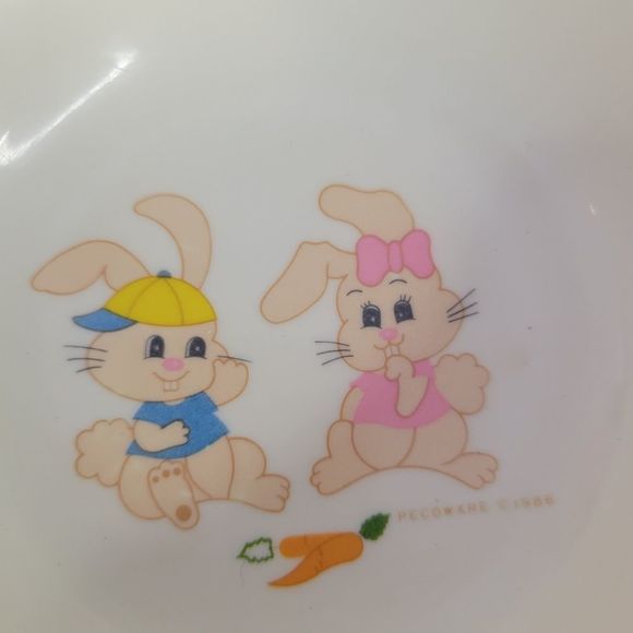 Vintage 1986 Peco Divided Childs Plate  and Bowl Set Turtle Bunnies Mushrooms - Picture 9 of 12